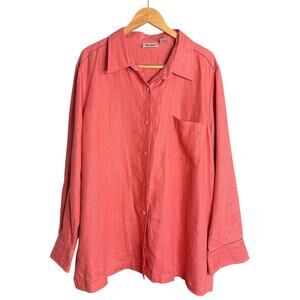 UNITS | Coral Linen Long Sleeve Chest Pocket Blouse Ladder Stitch | Size 3X